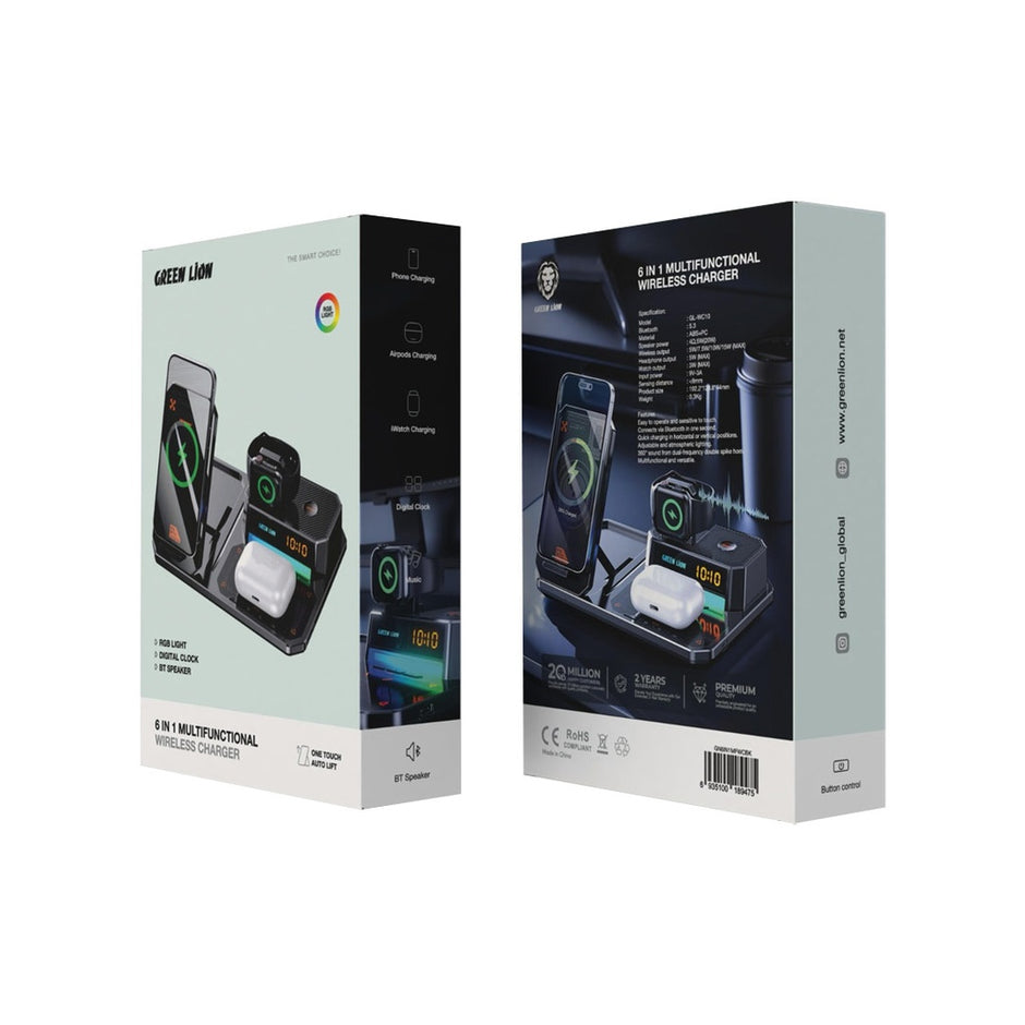 מטען אלחוטי רב־תכליתי Green Lion 6 in 1 Multifunctional Wireless Charger – שחור ⚡🖤✨