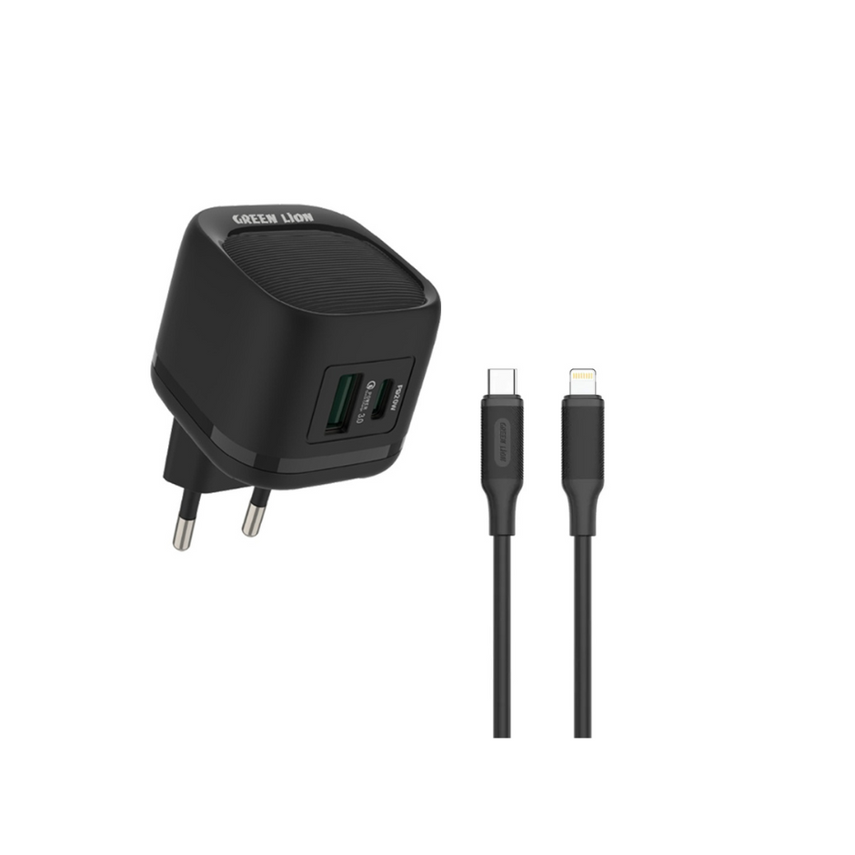 מטען קיר Green Lion PD 20W + QC כולל כבל USB-C ל-Lightning – שחור