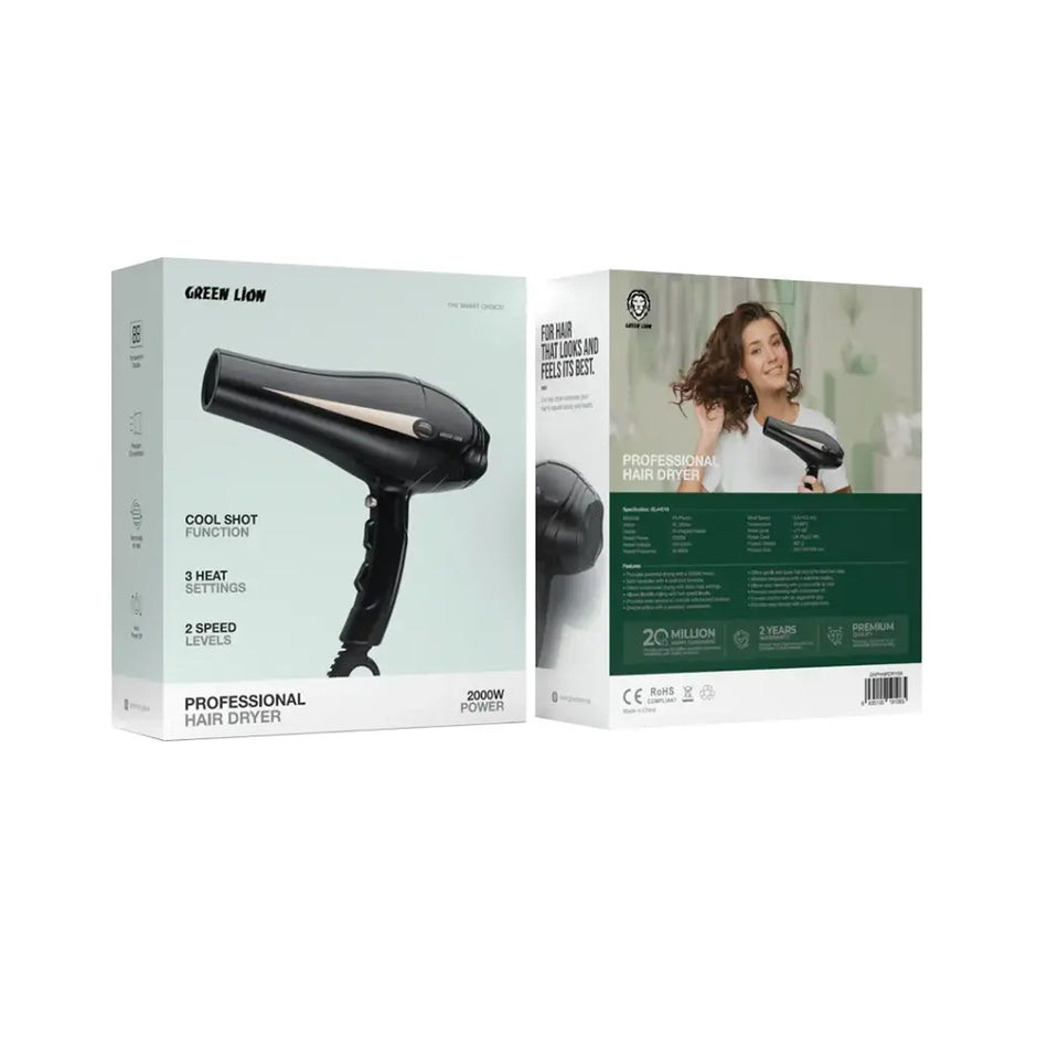 מייבש שיער מקצועי Green Lion Professional Hair Dryer – 2000W, שחור 💨🖤