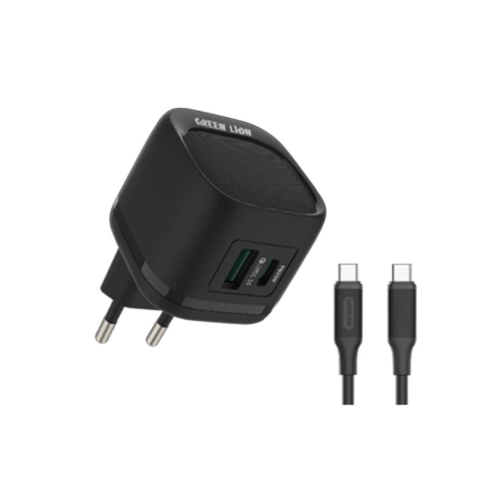 מטען קיר Green Lion PD+QC בעוצמה של 20W עם תקע אירופאי (EU) וכבל Type-C ל-Type-C באורך 1 מטר – ירוק כהה