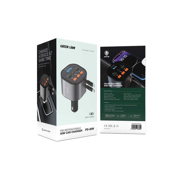 מטען רכב נשלף Green Lion FM בעוצמה של 50W – שחור