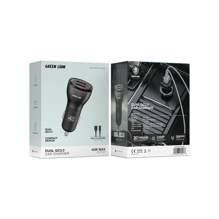מטען רכב כפול Green Lion QC3.0 בהספק 40W כולל כבל USB-A ל-Lightning – שחור