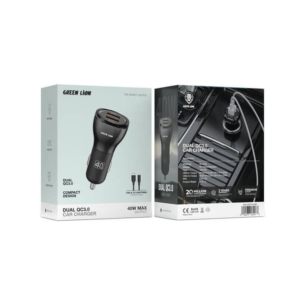 מטען רכב כפול Green Lion QC3.0 בהספק 40W כולל כבל USB-A ל-Lightning – שחור