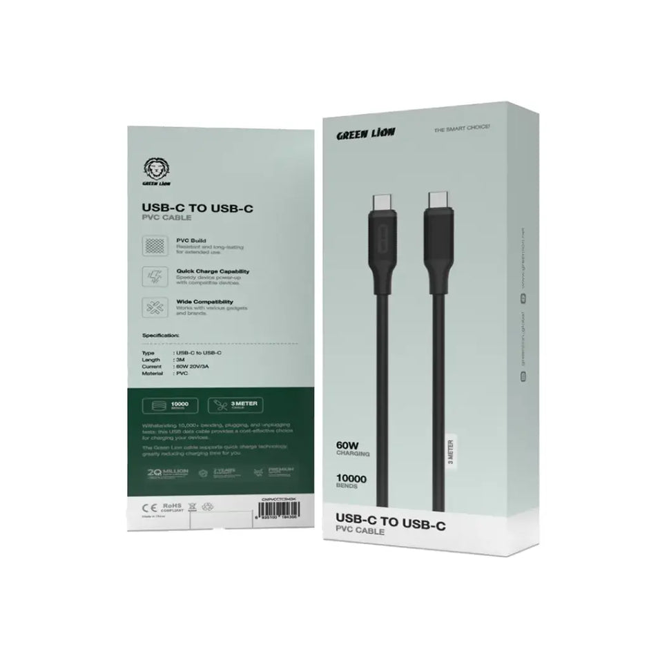 כבל טעינה Green Lion USB-C ל-USB-C עשוי PVC באורך 3 מטר – שחור