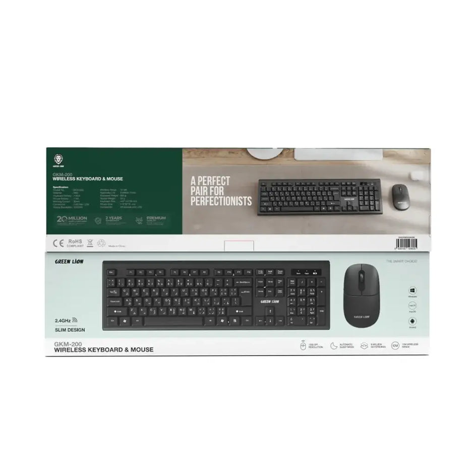 סט מקלדת ועכבר אלחוטיים Green Lion GKM-200 Wireless Combo – שחור ⌨️🖱️🖤