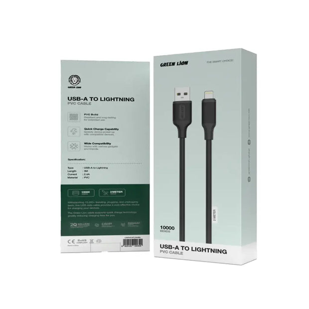 כבל טעינה Green Lion USB-A ל-Lightning עשוי PVC באורך 3 מטר – שחור