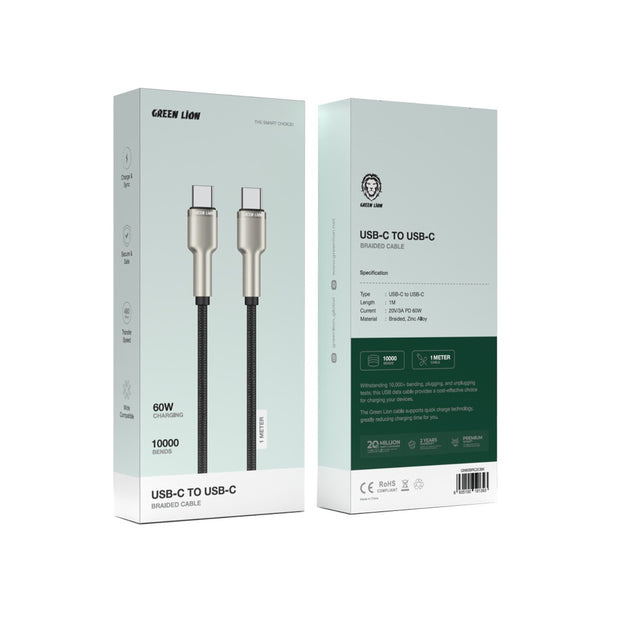 כבל קלוע Green Lion USB-C ל-USB-C – שחור