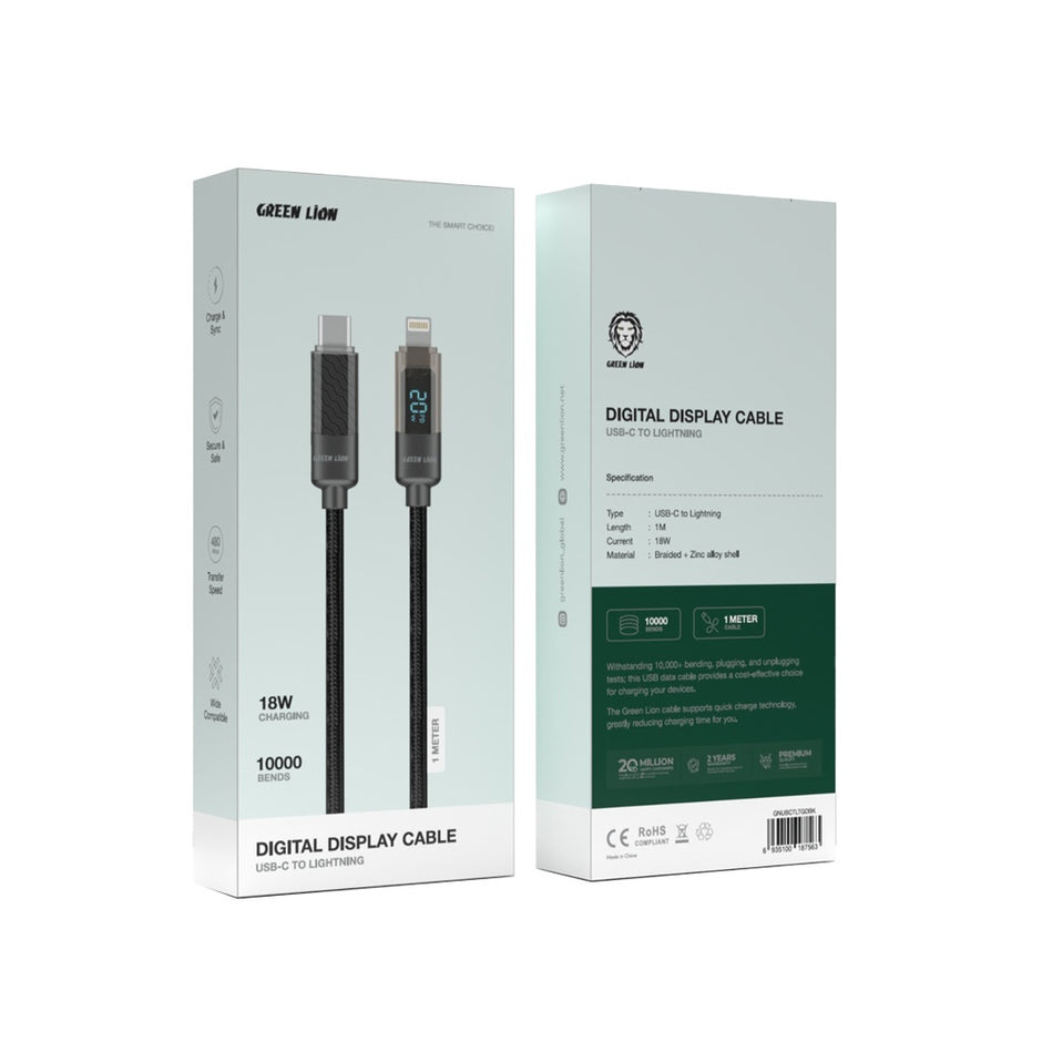 כבל Green Lion USB-C ל-Lightning עם צג דיגיטלי – שחור