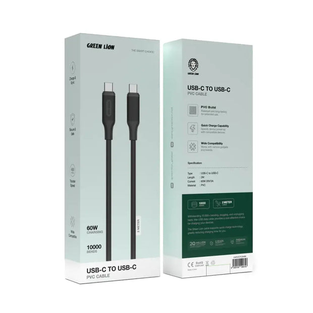 כבל טעינה Green Lion USB-C ל-USB-C עשוי PVC באורך 2 מטר – שחור