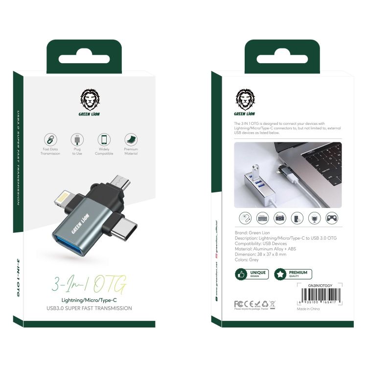 מתאם Green Lion 3-in-1 OTG (Lightning / Micro / Type-C) – אפור 🔌✨