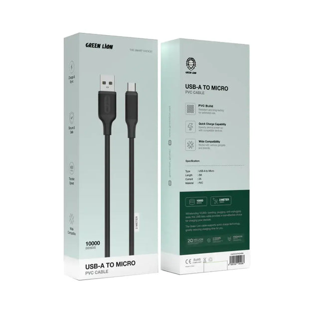כבל טעינה Green Lion USB-A ל-Micro עשוי PVC באורך 2 מטר – שחור
