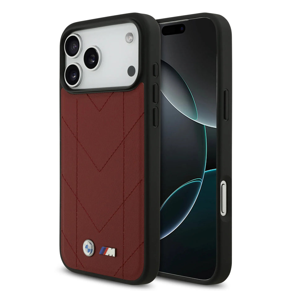 BMW Luxury MagSafe PU Quilted Leather Case – iPhone 17 Pro Max | Red