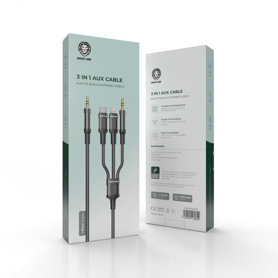 כבל 3 ב-1 Green Lion AUX / Lightning / USB-C באורך 1 מטר – שחור