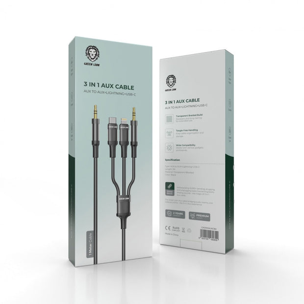 כבל 3 ב-1 Green Lion AUX / Lightning / USB-C באורך 1 מטר – שחור