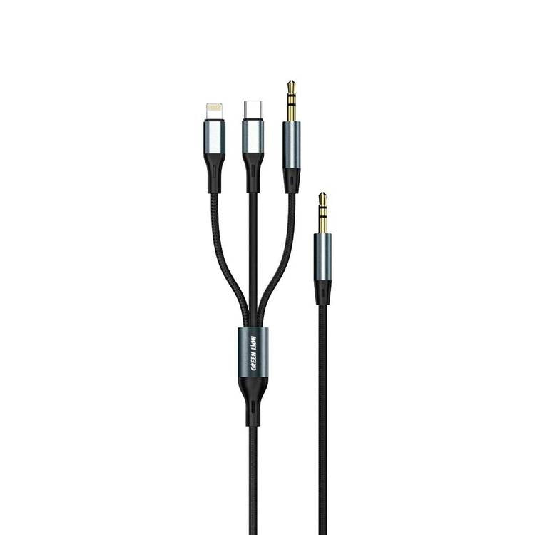 כבל 3 ב-1 Green Lion AUX / Lightning / USB-C באורך 1 מטר – שחור