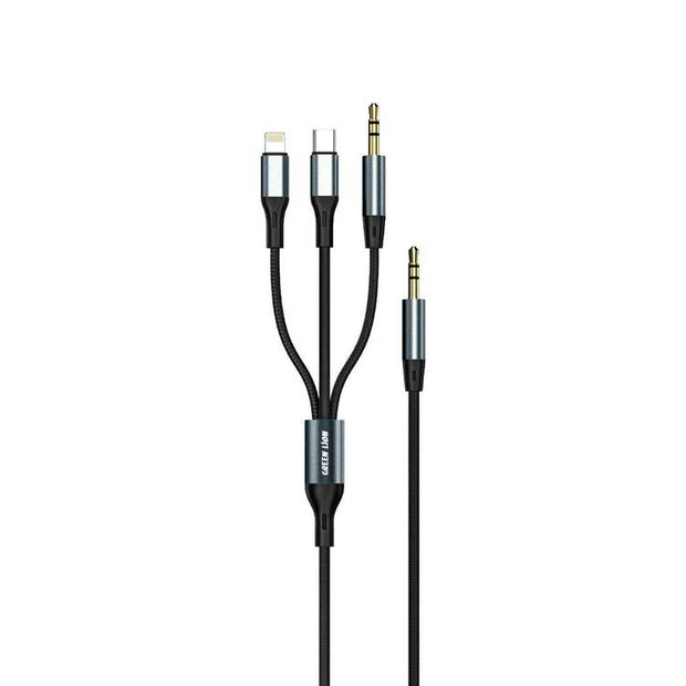 כבל 3 ב-1 Green Lion AUX / Lightning / USB-C באורך 1 מטר – שחור