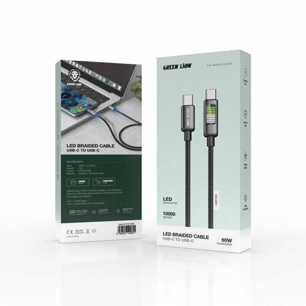 כבל קלוע עם תאורת LED Green Lion USB-A ל-USB-C באורך 1 מטר – שחור