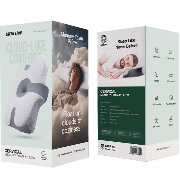 כרית צוואר אורטופדית Memory Foam מבית Green Lion – לבן/אפור ☁️🤍