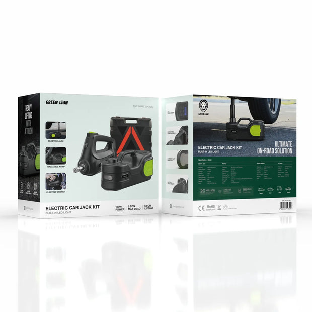 ערכת מגבה רכב חשמלית Green Lion Electric Car Jack Kit עם תאורת LED – שחור