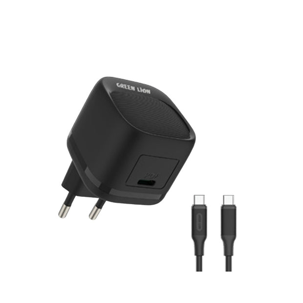 מטען קיר Green Lion PD 20W עם תקע אירופאי (EU) וכבל USB-C ל-USB-C – שחור