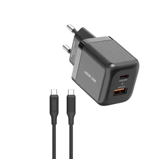 מטען קיר קומפקטי במיוחד Green Lion GaN 20W עם תקע אירופאי (EU), יציאות A+C וכבל Type-C ל-Type-C – שחור