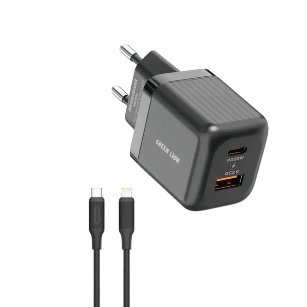 מטען קיר קומפקטי במיוחד Green Lion GaN 20W עם תקע אירופאי (EU) ויציאות A+C – שחור