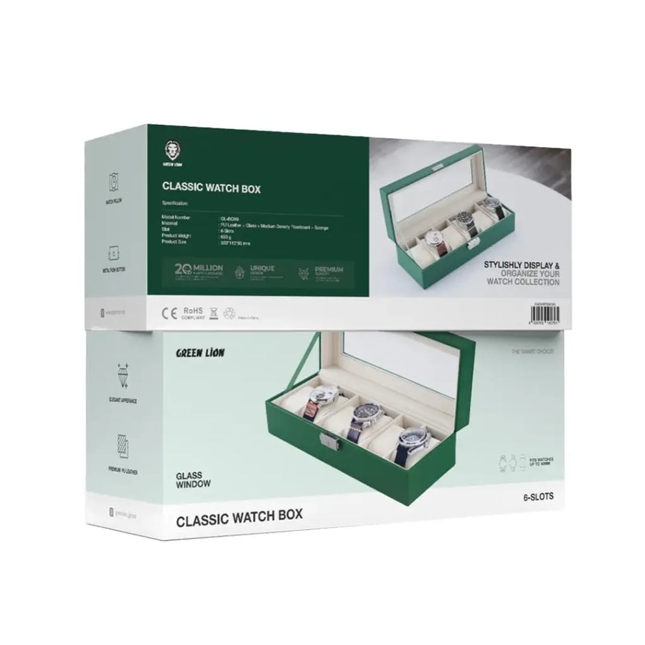 קופסת שעונים יוקרתית Green Lion Elegant Watch Box 6 Slots with Glass – ירוקה