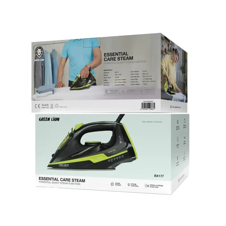 מגהץ קיטור Green Lion Essential Care בעוצמה של 2200W – שחור וירוק