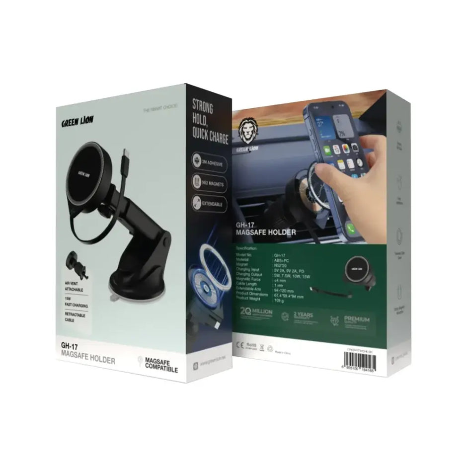 מחזיק טלפון עם טעינה אלחוטית Green Lion GH-17 MagSafe Holder 15W – שחור