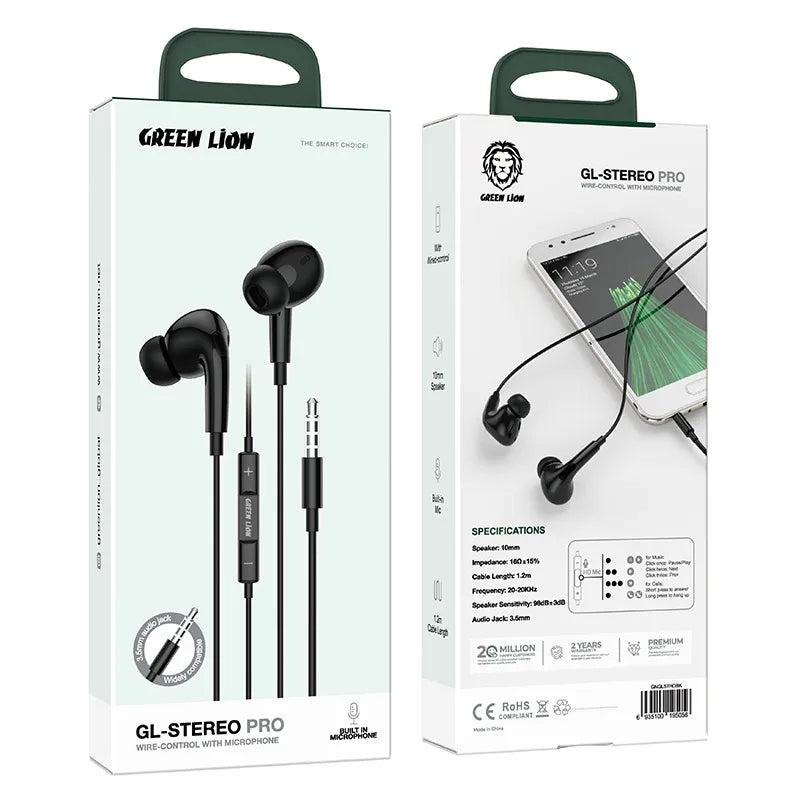 אוזניות Green Lion GL-Stereo Pro עם שליטה על החוט ומיקרופון – שחור 🎧🖤