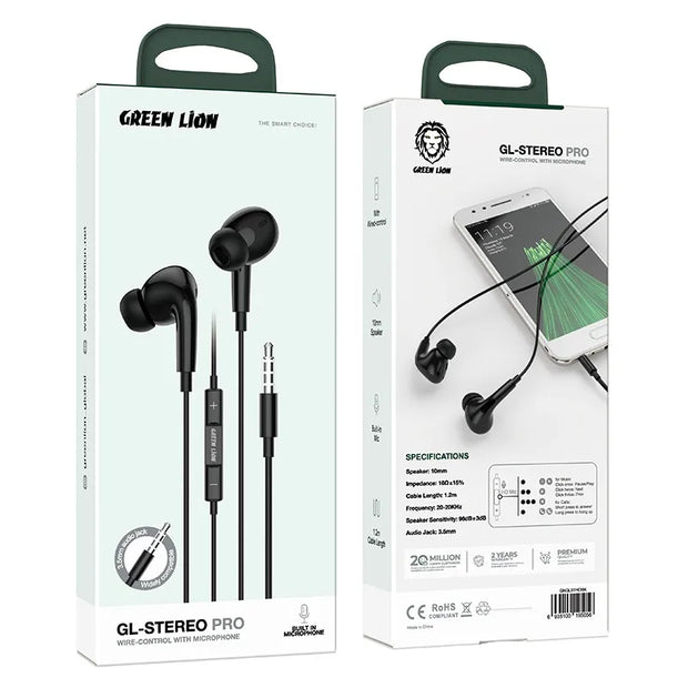 אוזניות Green Lion GL-Stereo Pro עם שליטה על החוט ומיקרופון – שחור 🎧🖤