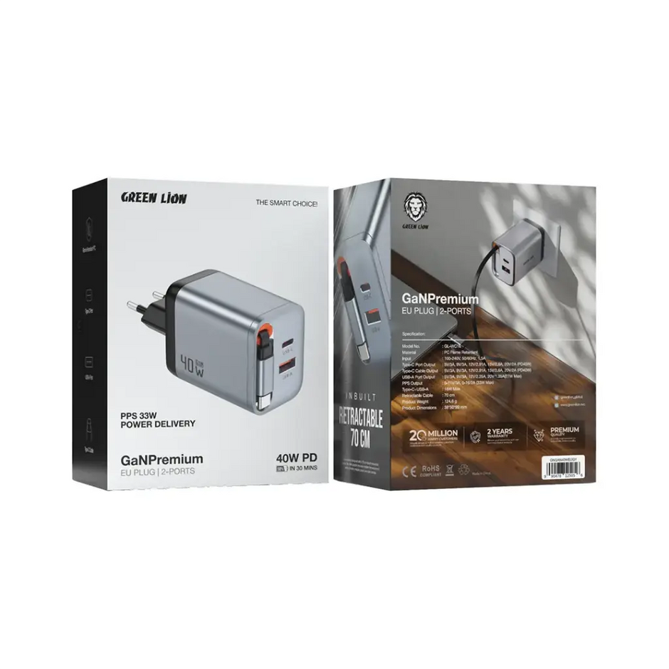 מטען קיר פרימיום Green Lion GaN 40W עם תקע אירופאי (EU) – אפור