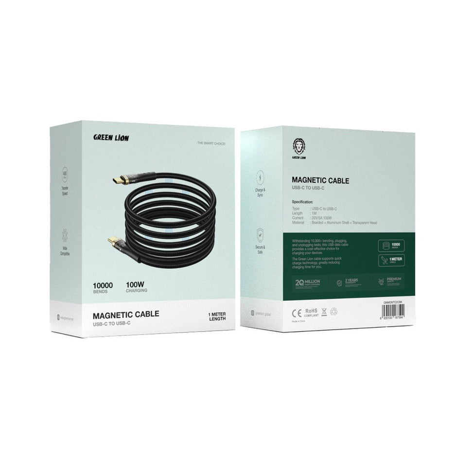 כבל מגנטי Green Lion USB-C ל-USB-C – שחור