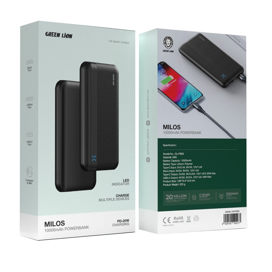 מטען נייד Green Lion Milos Power Bank 10000mAh – שחור
