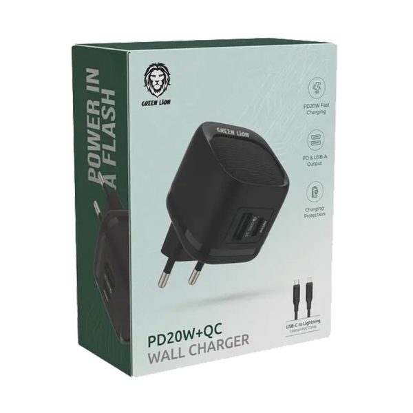 מטען קיר Green Lion PD 20W + QC כולל כבל USB-C ל-Lightning – שחור