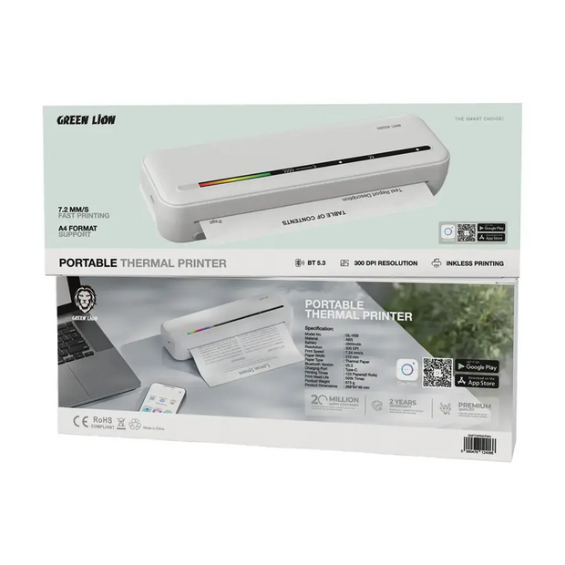 מדפסת תרמית ניידת Green Lion Portable Thermal Printer – לבן 🖨️✨