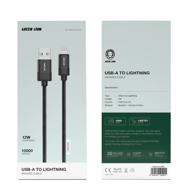כבל קלוע Green Lion USB-A ל-Lightning באורך 1 מטר – 12W – שחור