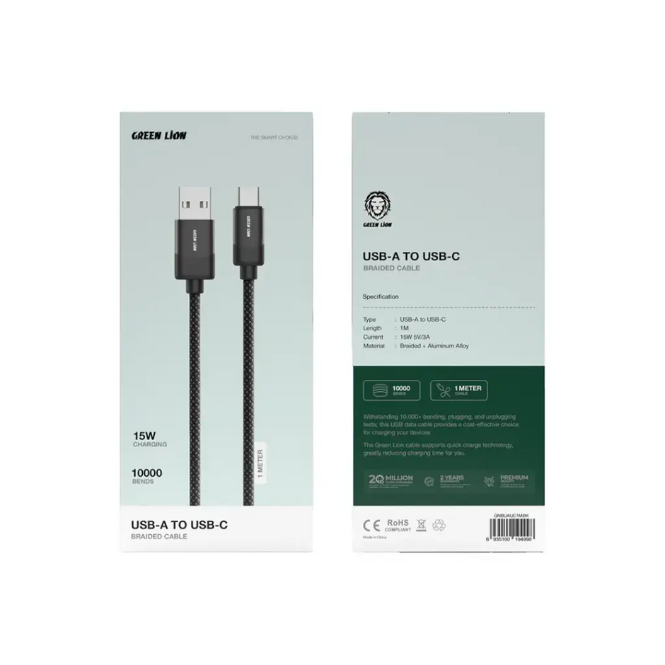 כבל קלוע Green Lion USB-A ל-USB-C בעוצמה של 15W – שחור