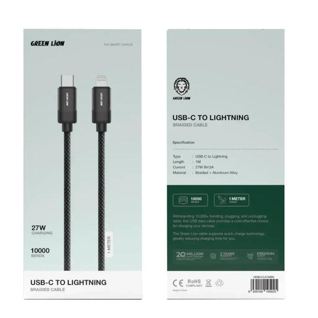 כבל קלוע Green Lion USB-C ל-Lightning באורך 1 מטר – 27W – שחור