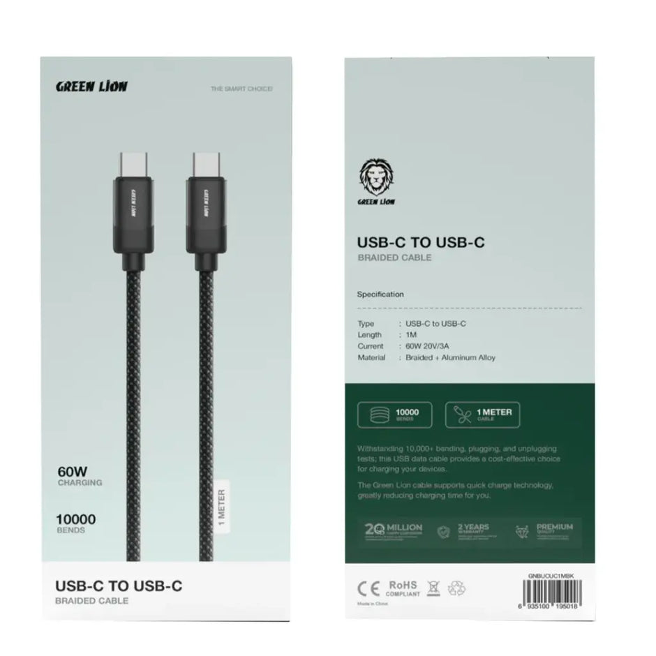 כבל קלוע Green Lion USB-C ל-USB-C באורך 1 מטר – 60W – שחור