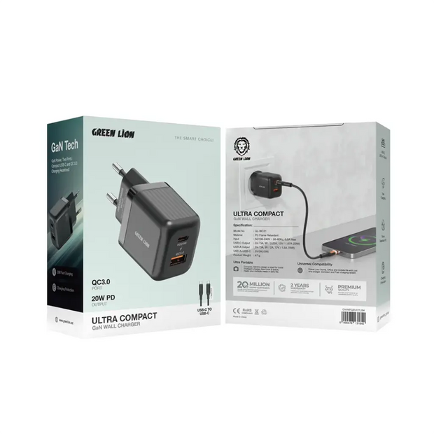 מטען קיר קומפקטי במיוחד Green Lion GaN 20W עם תקע אירופאי (EU), יציאות A+C וכבל Type-C ל-Type-C – שחור