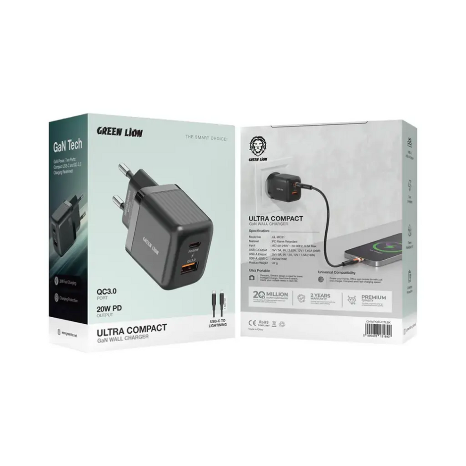 מטען קיר קומפקטי במיוחד Green Lion GaN 20W עם תקע אירופאי (EU) ויציאות A+C – שחור