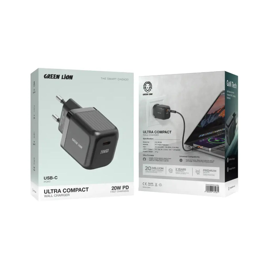 מטען קיר קומפקטי במיוחד Green Lion GaN 20W עם תקע אירופאי (EU) – שחור