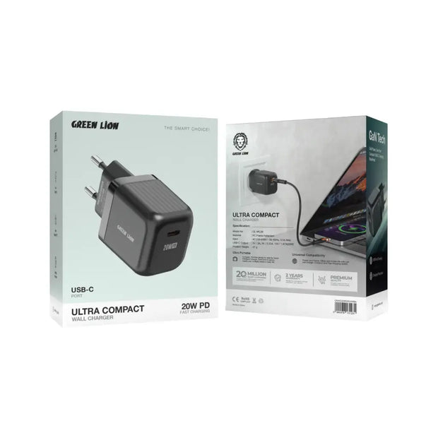מטען קיר קומפקטי במיוחד Green Lion GaN 20W עם כבל Type-C ל-Type-C – שחור