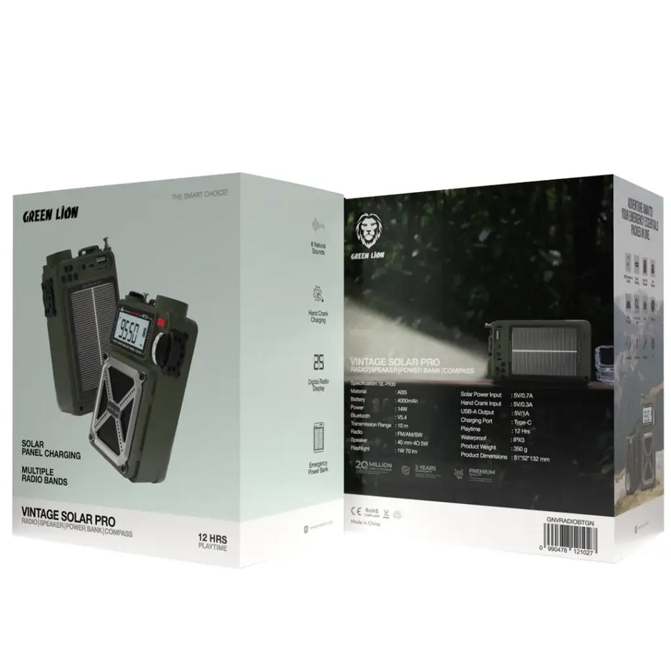רדיו/רמקול רב־תכליתי Green Lion Vintage Solar Pro – ירוק 📻🔊🔦🧭🔋