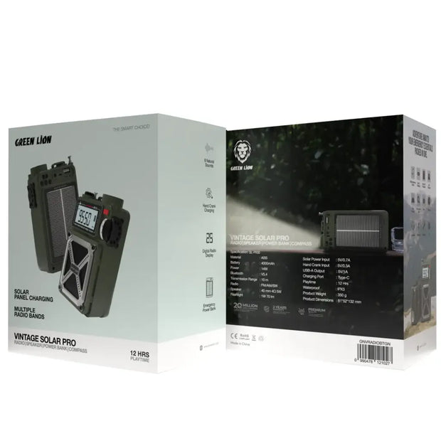 רדיו/רמקול רב־תכליתי Green Lion Vintage Solar Pro – ירוק 📻🔊🔦🧭🔋