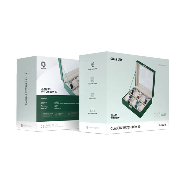 קופסת שעונים יוקרתית Green Lion Classic Watch Box 10 Slots with Glass – ירוקה