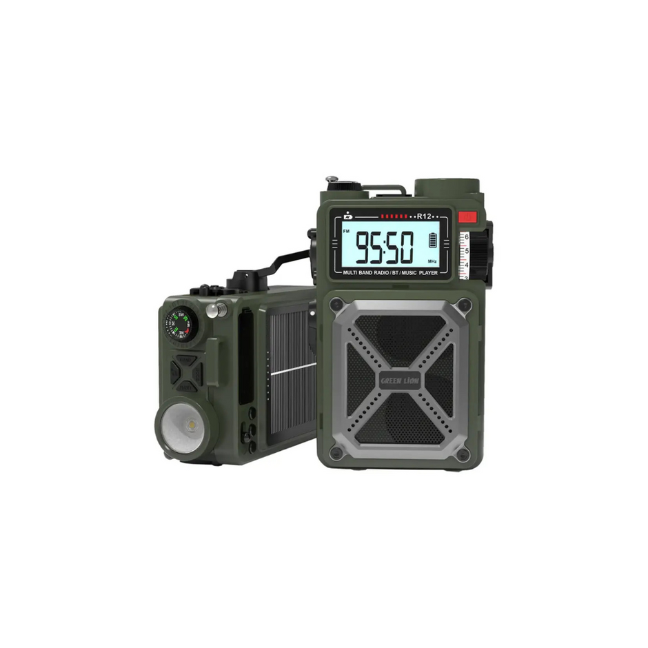 רדיו/רמקול רב־תכליתי Green Lion Vintage Solar Pro – ירוק 📻🔊🔦🧭🔋