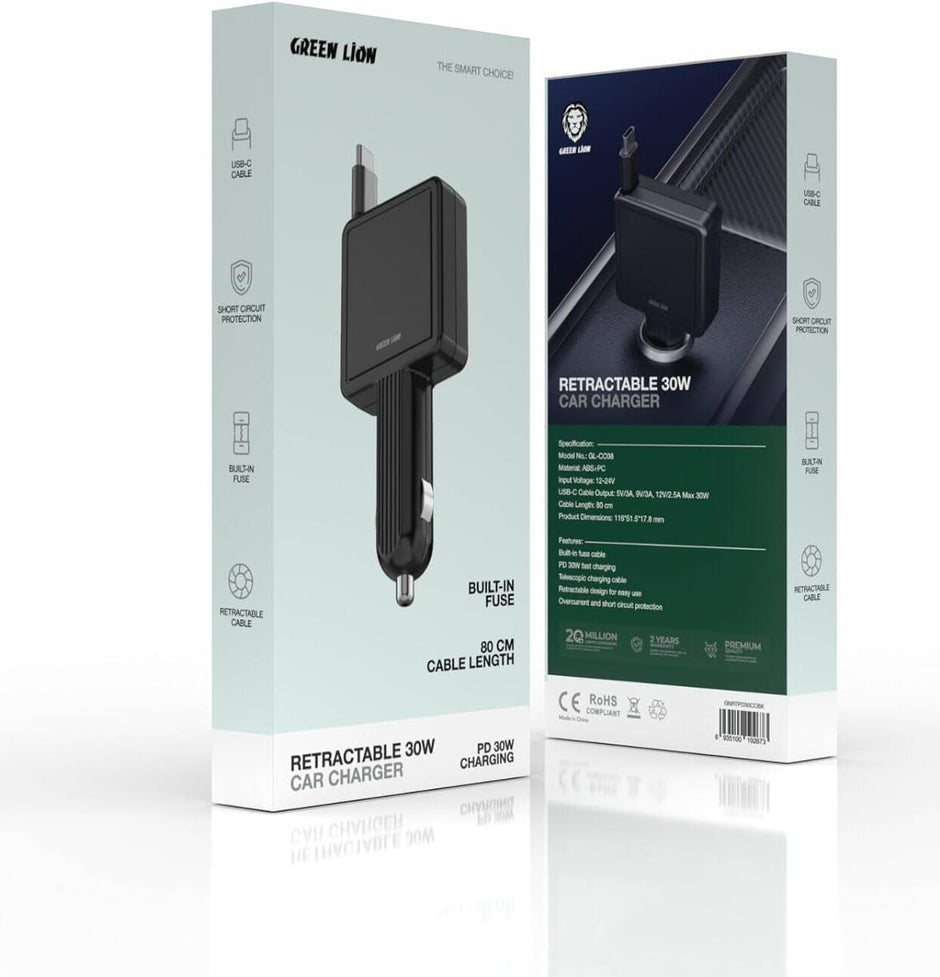 מטען רכב נשלף Green Lion בעוצמה של 30W – שחור