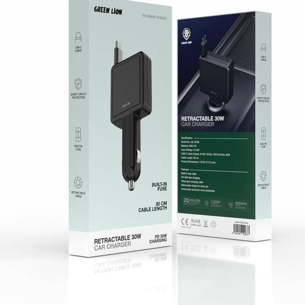 מטען רכב נשלף Green Lion בעוצמה של 30W – שחור